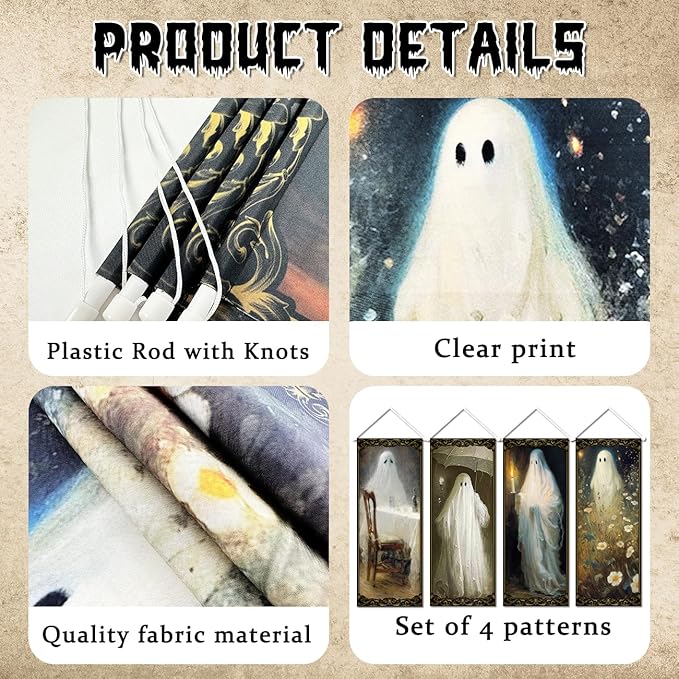 PATIAI Halloween Decorations 4 Pcs Vintage Halloween Hanging Banner Ghost Holding A Candle Photo Banner Backdrop for Indoor Outdoor