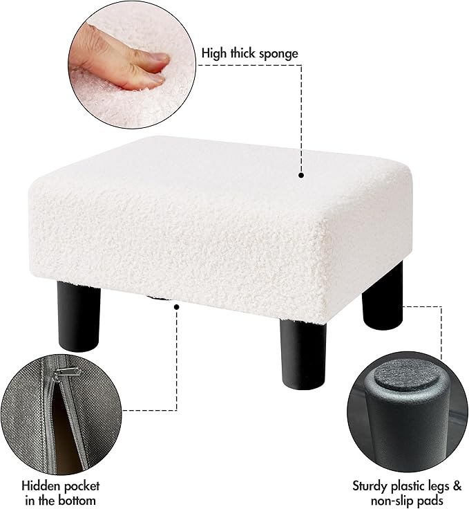BRIAN & DANY Small Foot Stool Ottoman, Footstool with Legs, Teddy Velvet Foot Rest for Living Room, Bedroom and Office, White