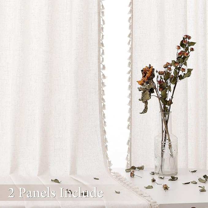 Cream Beige Boho Linen Curtains 96 Inches Long 2 Panels Semi Sheer Curtains Tassel Rod Pocket Back Tab Top Light Filtering Neutral Farmhouse Curtain for Living Room Bedroom 52x96