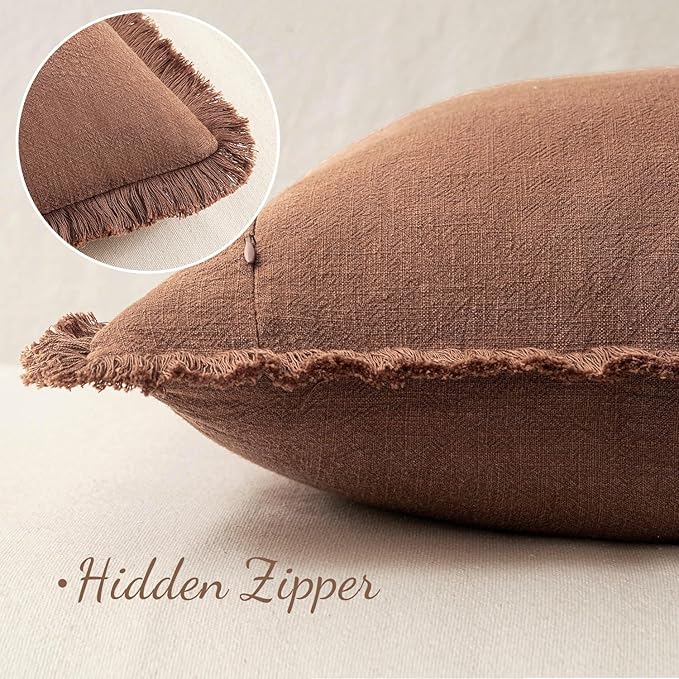 MIULEE Decorative Throw Pillow Covers Neutral Linen Fringe Throw Pillows Set of 2 Brick Boho Farmhouse Cushion Covers with Tassels for Couch Sofa Bed Living Room Spring Home Decor 16x16 Inch