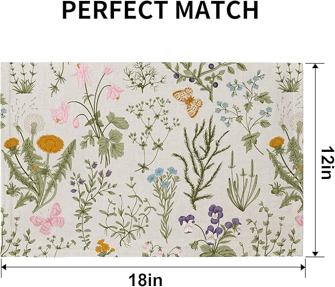 QIYI Boho Placemats Set of 6, 12x18 Inch Linen Fabric Floral Place Mats for Kitchen Dinning, Farmhouse Rustic Cloth Table Mats, Washable Placemat Botanical Party Table Décor, Wildflowers Herbs