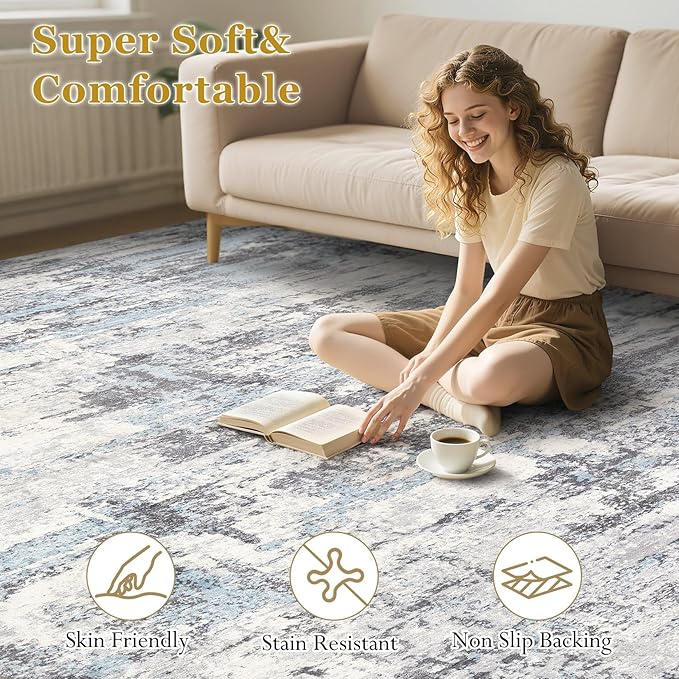 Area Rugs for Living Room: 8x10 Abstract Washable Rug Modern Neutral Large Soft Stain Resistant Non-Slip Backing Machine Table for Bedroom Dining Room Indoor Home Office Carpet - Blue Grey