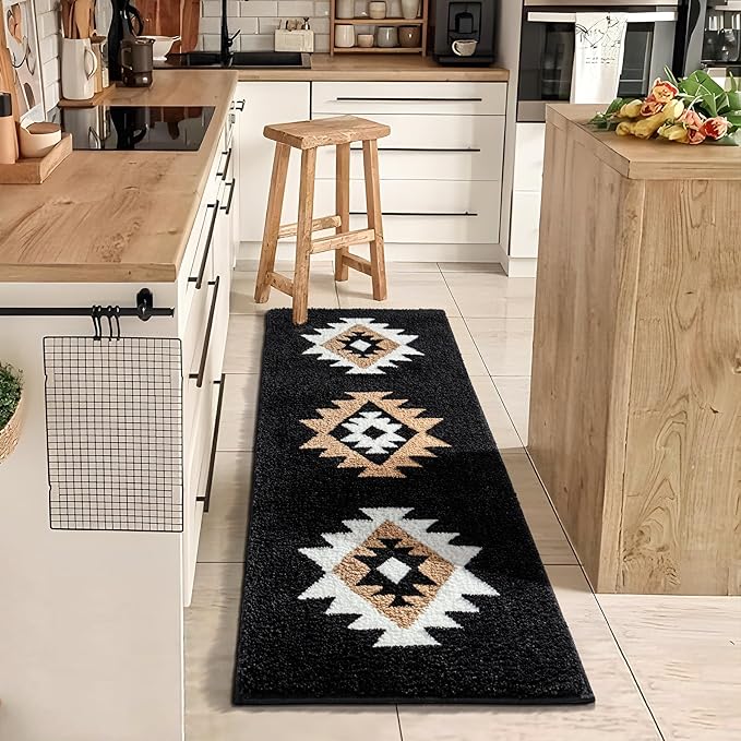 DEXDE Boho Bathroom Rugs Runner 20x47, Black Aztec Western Bath Mat Non Slip Long Luxury Large Bath Rugs Soft Absorbent Carpet for Shower Kitchen Entryway Modern
