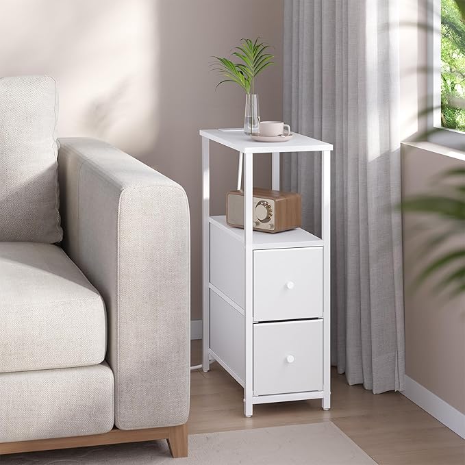 TUTOTAK Small Narrow End Table with Charging Station, Set of 2, Side Table with Outlets, Nightstand with 2 Cloth Drawers, Couch Table, for Living Room, Bedroom, Bedside, White TB01BW055