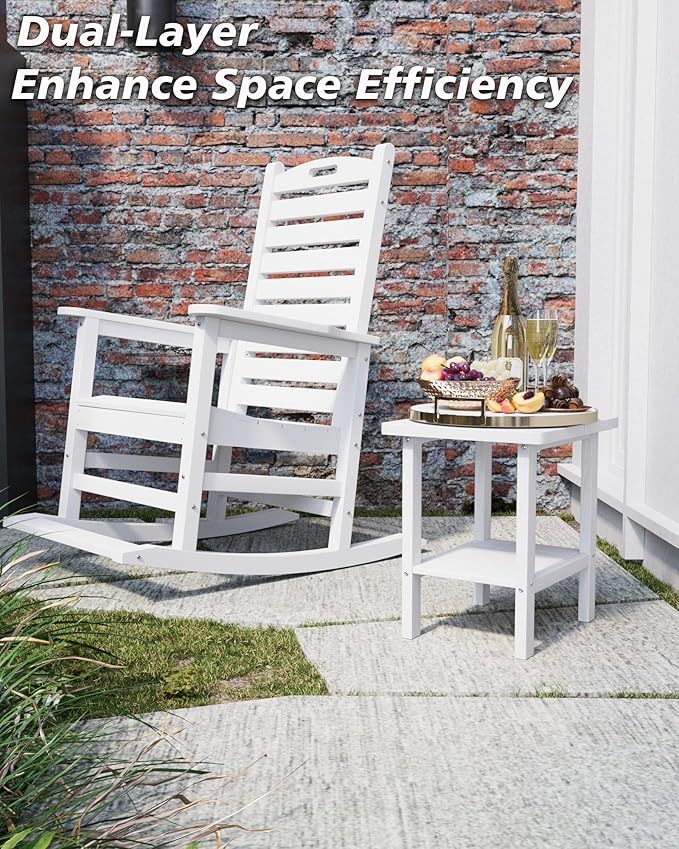 2-Tier Adirondack Square Outdoor Side Table, Pool Composite Patio Table, Weather Resistant End Table for Patio, Backyard, Pool, Easy Maintenance - White