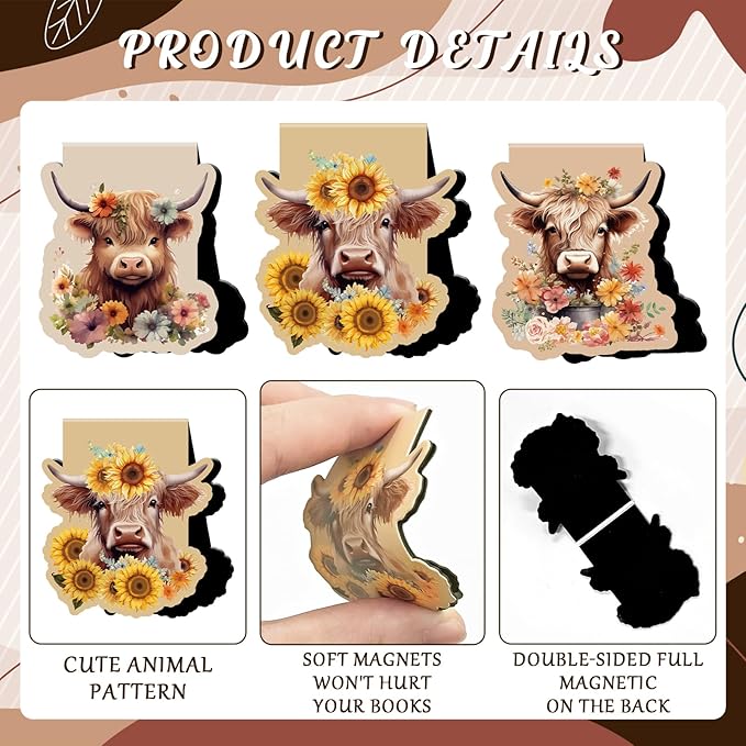 Highland Cow Magnetic Bookmark Gifts - Wxiben 12 Pcs Cow Print Book Marks Magnets Animal Magnetic Bookmarks Sunflower Cattle Bookmark Page Clip Gift for Book Lovers Teens Students Teacher Reading