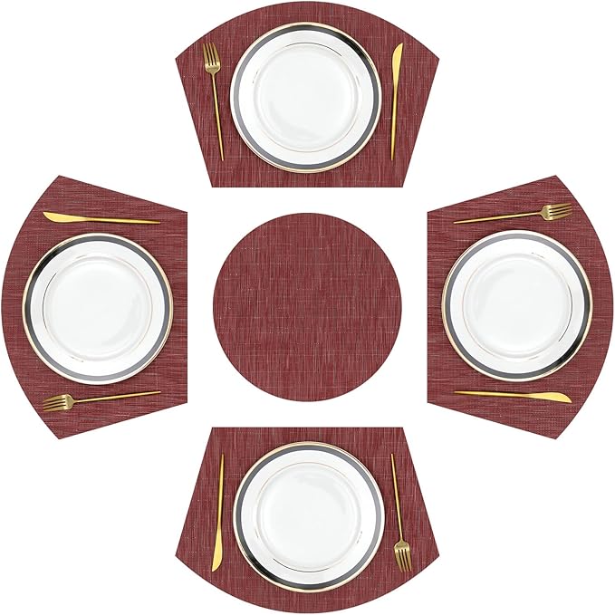 SHACOS Large Size Wedge Placemats with Centerpiece Round Mat Set of 5 Round Table Place Mats Washable Dining Table Placemats Reversible Durable, Burgundy