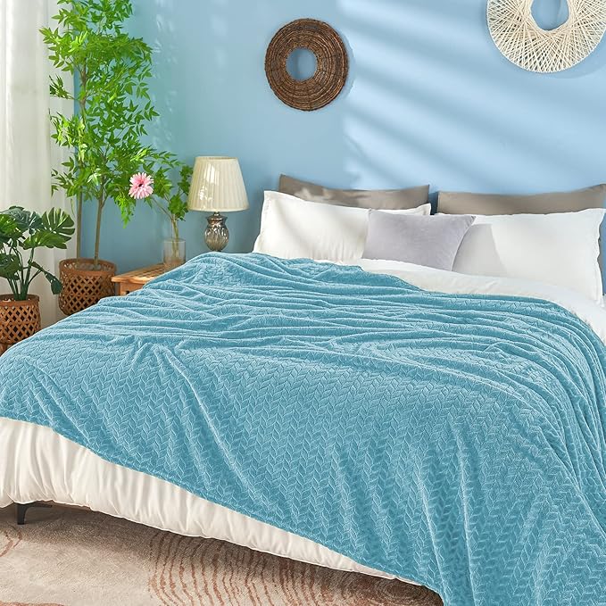 inhand Blue Fleece Queen Blanket for Bed, Super Soft Flannel Cozy Blankets for Adults, Lightweight Leaves Pattern Fuzzy Blanket for Office,Travel, Warm Plush Blankets for All Season, 90x90 Inches