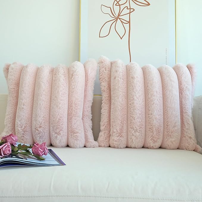 JOJUSIS Pack of 2 Faux Fur Plush Decorative Throw Pillow Covers Couch Cushion Case Soft Fluffy Pillowcases Wide Stripe (Pink, 20 x 20 Inch)