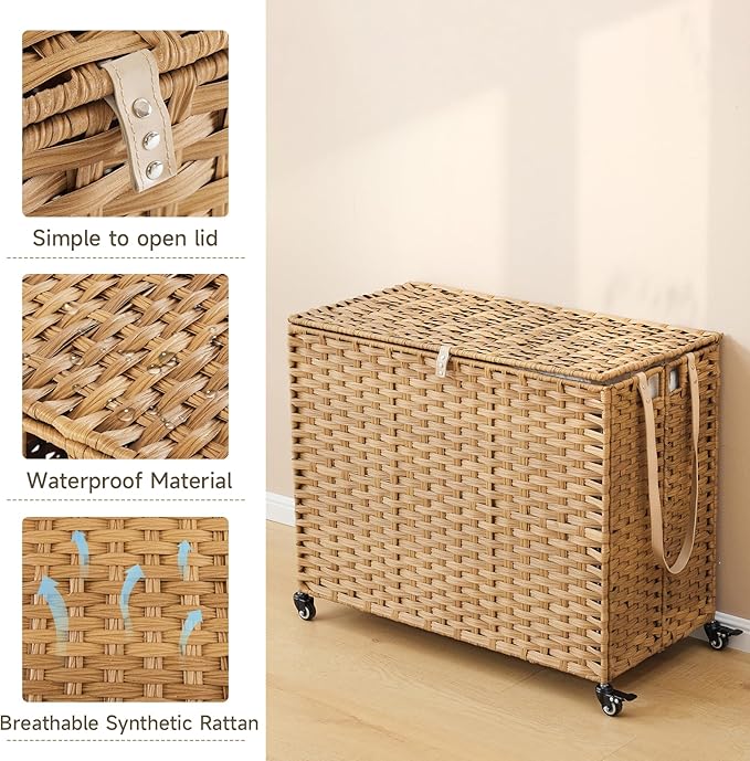 Laundry Hamper with Wheels, 52.8 Gallon(200L) Rolling Laundry Basket with Lid, 3-Section Rattan Clothes Hamper with 3 Removable Liner & 3 Mesh Bags, Laundry Sorter with Side Pocket, Natural