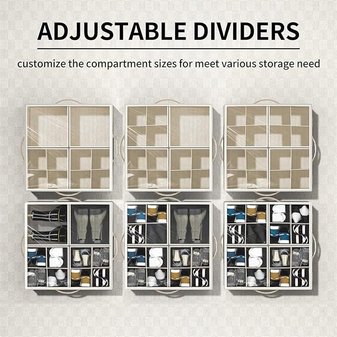 Aokeyee Shoe Organizer for Closet,Foldable Shoe Storage Organizer Box Bin with Adjustable Dividers and Clear Cover, Fits up to 16 Pairs (Beige)
