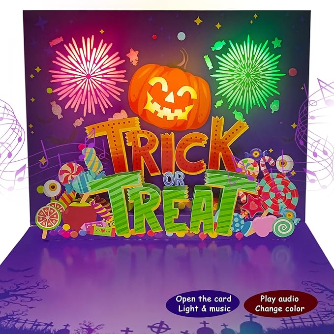 3D Pop Up Trick Or Treat Pumpkin Halloween Card, with light and music, For Kids, Friend, Boyfriend, Girlfriend, Husband, Him, Women - Skull, Ghost, Envelope