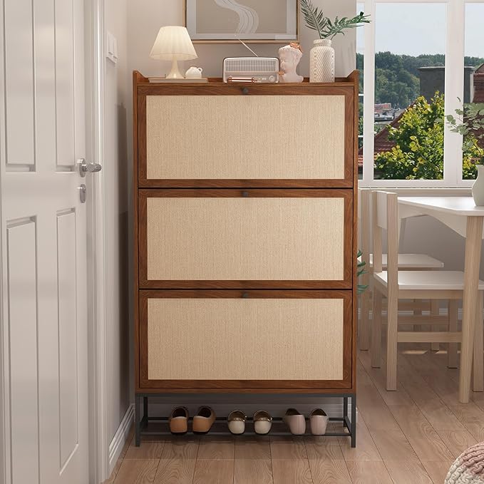 AVZEAR Narrow Shoe Storage Cabinet with 3 Flip Drawers, Freestanding Wooden Closed Shoe Rack, Slim Cabinet Storage for Entryway, Hallway, Living Room (Walnut)