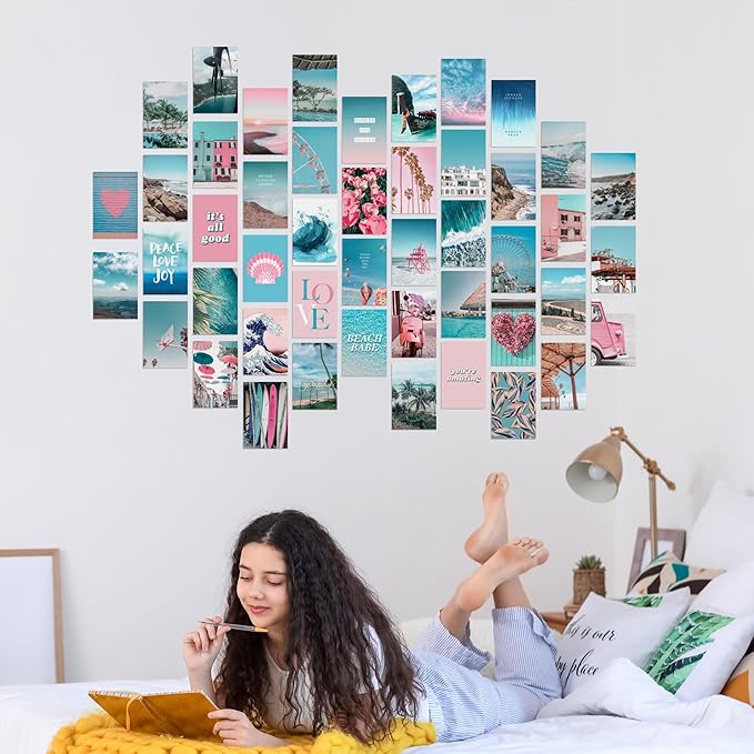 Artivo Blue Wall Collage Kit Aesthetic Pictures, 50 Set 4x6 inch, Pink VSCO Bedroom Decor for Teen Girls, Summer Beach Wall Art Print, Dorm Photo Collection, Small Posters for Room