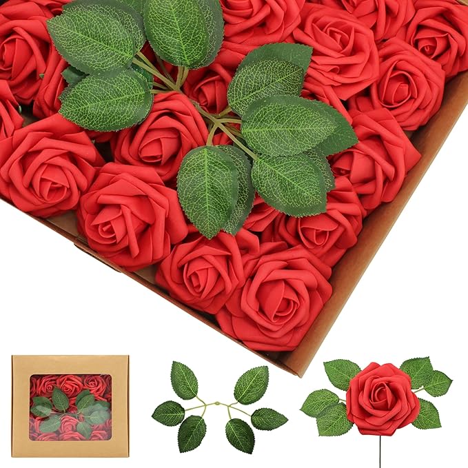 Artificial Flowers Red Roses Real Looking Foam Fake Roses with Leaves and for DIY Wedding Bouquets Bridal Shower Centerpieces Party Decorations (Red, 100)