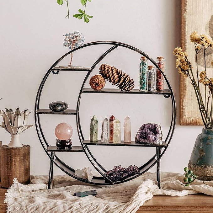 Moon Shelf for Crystals - Circle Shelf Wall Decor for Wall and Countertop - Crystal Shelf Display for Stones, Essential Oil, Pendulum - Boho Hanging Moon Shelves (Retro Black)