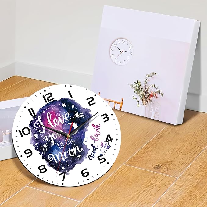 Galaxy Star Vintage Wooden Battery Operated I Love You to The Moon Non Ticking 10 inch Silent Art Bedroom Kitchen Clock Home Decor for Girls Kids