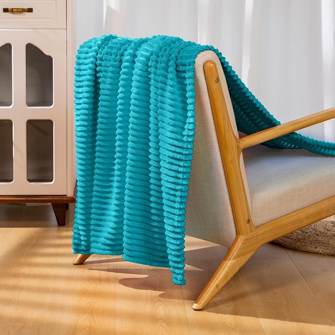 Vessia Flannel Fleece Throw Blanket for Couch,Sofa,Bed, 300GSM Striped Teal Blanket for Adults and Kids, Super Soft Warm Cozy Lightweight Ribbed Throw for All-Season