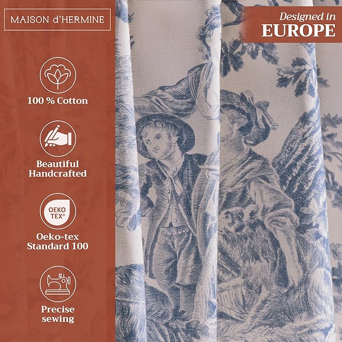 Maison d' Hermine Curtains for Living Room 100% Cotton 124 inch Length One Panel Light Filtering Toile Curtains for Bedroom Windows with Rod and Loop Pockets Drapes (The Miller Denim, 50" W x 124" L)