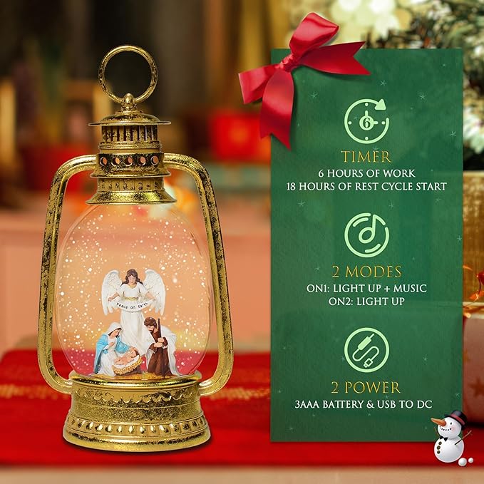Christmas Snow Globes, 12.5" Angel and Nativity Glitter Water Lantern with Song, 6H Timer Battery & USB Powered Music Box for Christmas Decorations Indoor