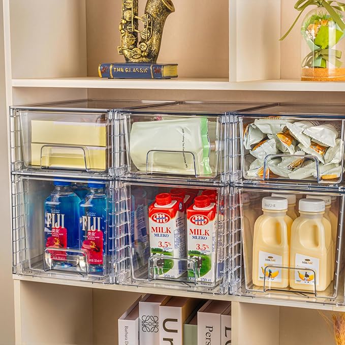 4Pack Large Stackable Kitchen Storage Drawers, Clear Foods Organizer Bins with Handles, Easily Assemble for Bathroom, Kitchen, Pantry, Cabinet, Closet(XL-Down Handle)