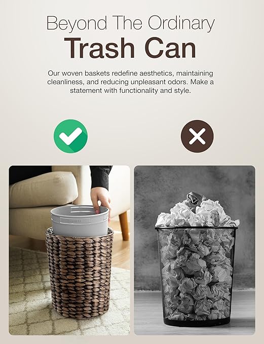 1.3 Gallons Wicker Waste Basket - Water Hyacinth Bathroom Trash Can - Garbage Can with Lid Boho Style - Wicker Trash Can with Lid for Bedroom, Kitchen - Removable Liner, Handwoven (Black color)