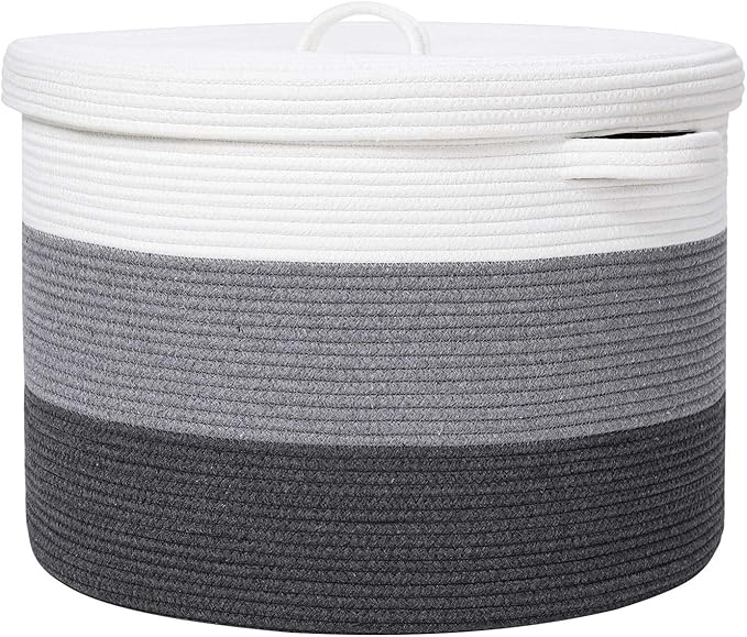 20" x 20" x 15" Extra Large Storage Basket with Lid, Cotton Rope Storage Baskets, Laundry Hamper, Cloth Bin, for Clothes Towels Blankets Pillows Storage in Living Room, Grey/Dark Grey with Cover