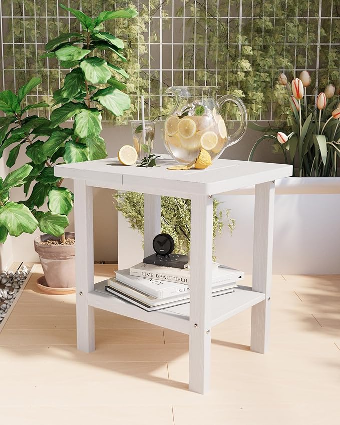 2-Tier Adirondack Square Outdoor Side Table, Pool Composite Patio Table, Weather Resistant End Table for Patio, Backyard, Pool, Easy Maintenance - White