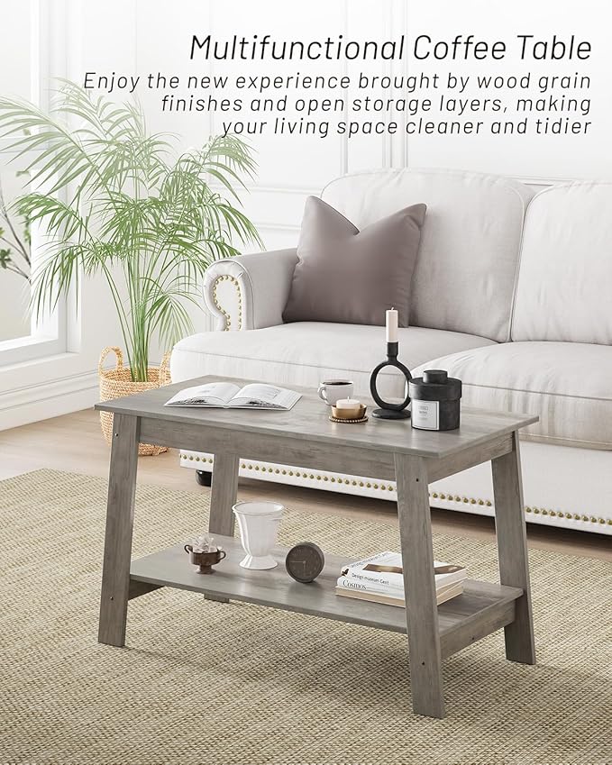 2-Tie Coffee Table, Rustic Wood Living Room Tables with Open Rectangular Storage Compartment, Coffee Tables for Living Room, Outdoors, Home Office, Bedroom, Grey