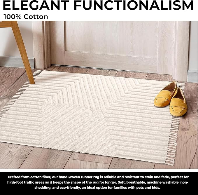 Boho Bathroom Rug 2' x 3', Washable Hand-Woven Tufted Cotton Rug with Tassels for Entryway, Foyer, Bedroom, or Kitchen - Pestal Linen