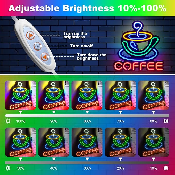 Coffee Neon Sign Led Neon Signs, Coffee Signs Led Dimmable Brightness USB Powered Cafe Neon Light Sign Wall Decor For Cafe Shop, Coffee Station,Coffee Bar,14.9 * 14.9 Inch