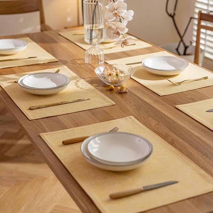 Demetex Yellow Placemats Set of 8 Linen Fabric Placemat Heat Resistant Washable Place Mats for Kitchen Party Dinner, 13x19 inch, Yellow