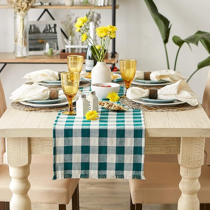 DII Heavyweight Fringed Check Tabletop Collection, Table Runner, 14x108, Teal