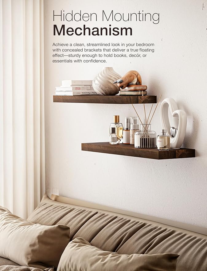 BATODA Set of 2 24" Acacia Floating Shelves for Wall – Rustic Farmhouse Wood Floating Shelf - Book Shelf for Wall & House Décor - DIY Floating Book Shelves - with Brackets & Hardware (Walnut Color)