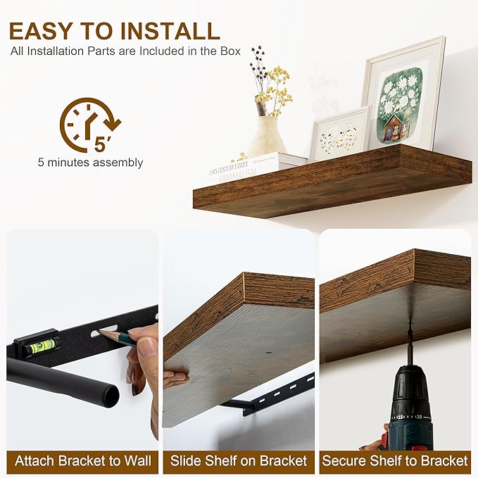 Fun Memories Floating Shelves for Wall, 40Inch Floating Shelves Set of 2, Hanging Shelf with Invisible Brackets, Wood Shelves for Living Room, Bedroom, Kitchen, Brown