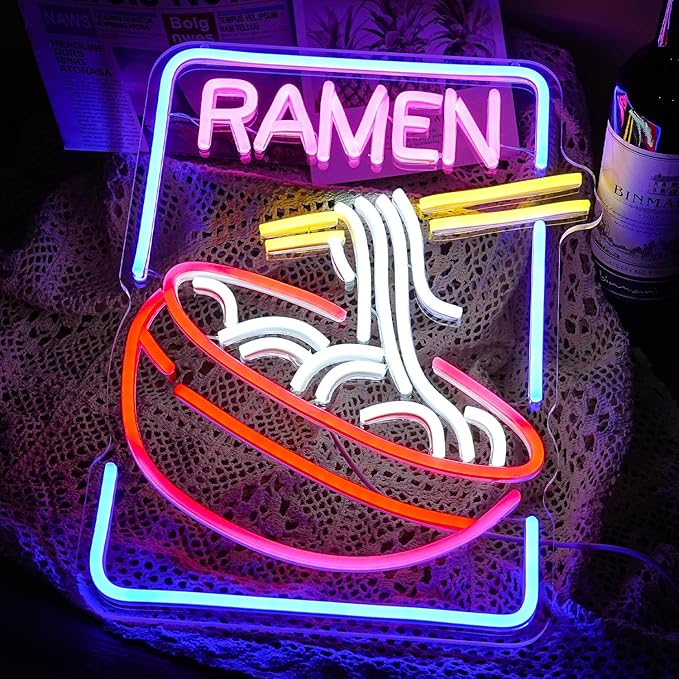 Ramen Neon Sign Noodle Led Neon Lights for Wall Decor Neon Ramen Light up Sign Powered by USB Multi colored Neon Lights for Restaurant Ramen Shop Window(16.5’’X12’’)