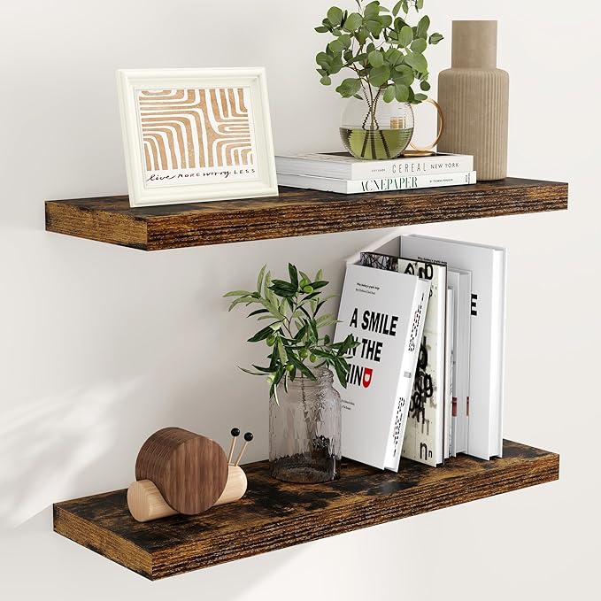 Fun Memories Floating Shelves 32" W x 9" D, Deep Floating Shelves for Wall, 9.3 Inch Deep Wall Shelves for Bathroom, Living Room, Wide Storage & Display Shelves for Home Decor, Rustic Brown Color