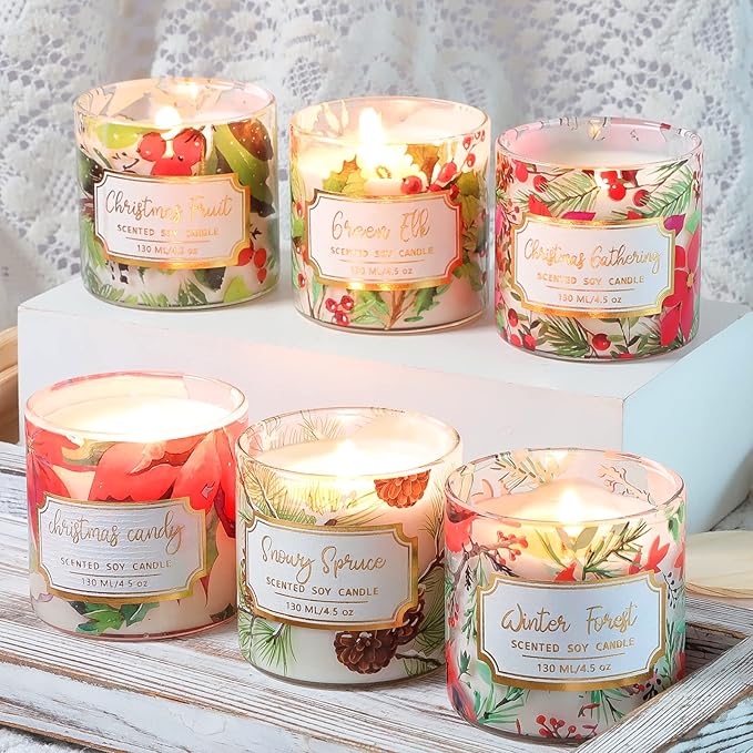 Christmas Scented Pillar Candles, Glass Jar Candles with Wood Lids, 4.5 Oz Natural Soy Wax Candle, Aromatherapy Candles for Home Scented, Candle Gift, SPA, Set of 6