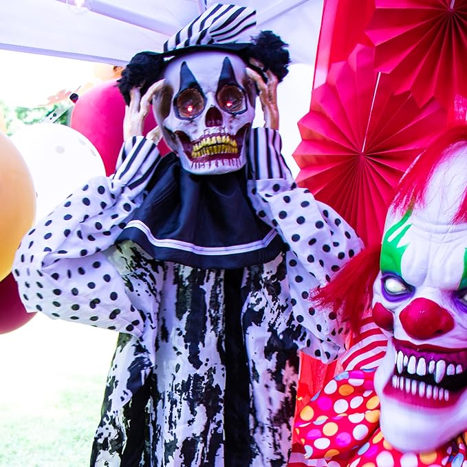 Haunted Hill Farm Life-Size Scary Talking Clown Halloween Animatronic with Touch Activated Lights and Sounds, Battery Operated Indoor or Covered Outdoor Halloween Decorations, Spooky Halloween Prop