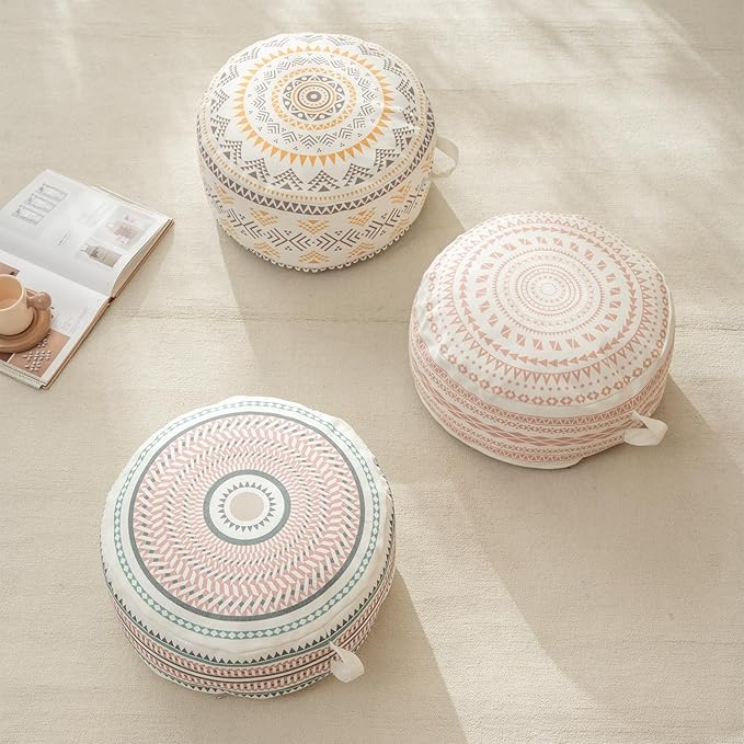 MOCOFO Round Geometric Pattern Pouf Cover with Zipper 18"x18"x8" Storage Canvas Ottoman Seat Footrest for Living Room Bedroom Kids Room Pastel Home Decor