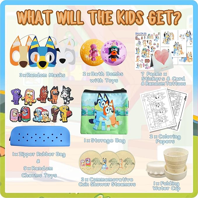 The Blue Heelers Gifts Set: Bath Bombs with Toys Inside, Shower Steamers, Felt Masks, Tattoos, Rubber Bag, Shoe Charms, Collapsible Cup, Storage Bag, Coloring, Gift Card&Sticker, Kids Best Gifts