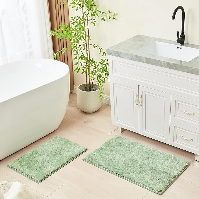 CozeCube Upgraded Shaggy Bath mat for Bathroom Non Slip 36" X 24", Super Soft Quick Dry Bath Rugs, Fluffy Plush Bathroom Rugs Machine Washable, Sage Green