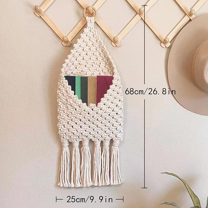Macrame Mail Organizer Wall Mounted, Handmade Hanging Woven Basket for Boho Home Office Decor, Over the Door Key Letter Envelope File Holder for Entryway Hallway, White