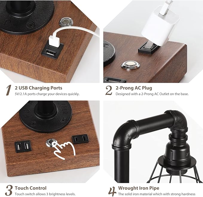 CADUKE Industrial Touch Control Table Lamp, LED Bulb Included, 3 Way Dimmble Lamp with 2 USB Ports and AC Outlet, Bedside Nightstand Desk Lamps with Metal Cage Shade for Bedroom Living Room Farmhouse