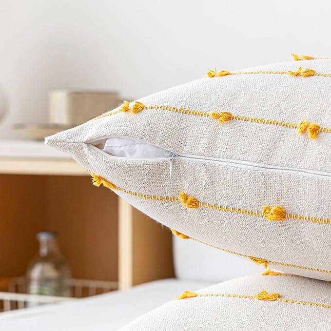 Boho Throw Pillow Covers 26x26 Set of 2 Modern Farmhouse Decorative Cushion Case Tufted Square Pillows Cover Neutral Pillow Cases Accent Pillowcase for Sofa,Couch,Bed,Beige and Yellow