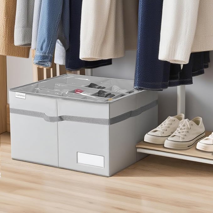 Shoe Organizer for Closet, Fits 16 Pairs, Large Shoe Box Storage Containers, Clear Foldable Shoe Storage Bins w/Bottom Support, Space Saving Shoes Holder w/Reinforced Handles, Gray