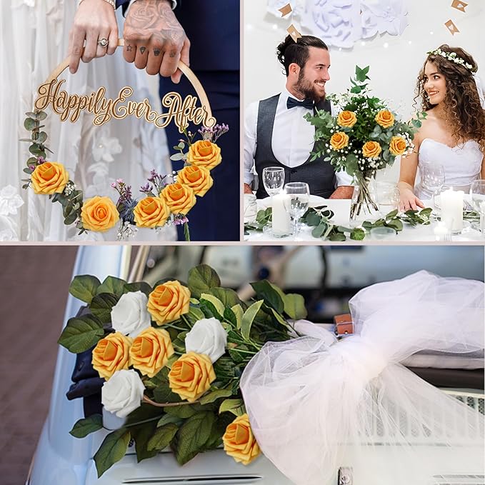 Artificial Flowers Roses Real Looking Foam Fake Roses with Leaves and for DIY Wedding Bouquets Bridal Shower Centerpieces Party Decorations (Creamy Yellow, 200)