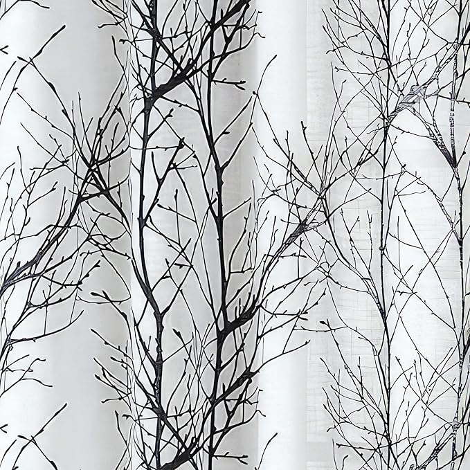 FMFUNCTEX Linen Semi Sheer Curtains for Bedroom, Black White Curtains 84 Inches Long for Living Room, Grey Tree Branch Patterned Curtain Light Filtering Farmhouse Window Drapes, Grommet Top 2 Panels