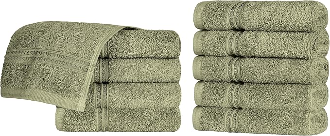 Superior Egyptian Cotton Face Towel/Washcloth Set, Small Towels for Home Bathroom, Master, Guest Bath, Decor Essentials, Quick Dry, Absorbent, Spa, Hotel, Resort, Adult, Kids, Set of 10, Forest Green