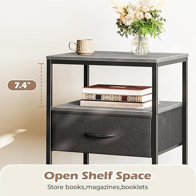 SUPERJARE Night Stand with Charger Station, 27.7 Inch Tall Nightstand with Adjustable Fabric Drawer, Bed Side Table, Fabric Drawer Dresser for Bedroom, Living Room, Charcoal Gray and Black